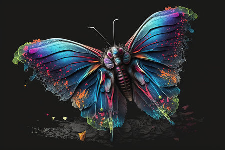 Colorful butterfly on a black background. 3d render illustration.の素材