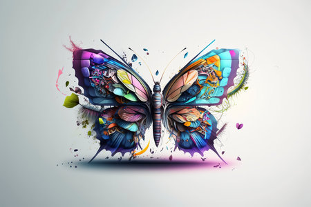 Colorful butterfly with abstract paint splashes on white background. Vector illustration.の素材