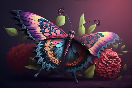 Butterfly with flower on dark background. 3d illustration.の素材