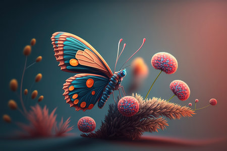 3D illustration of a butterfly sitting on a plant in front of red blood cellsの素材