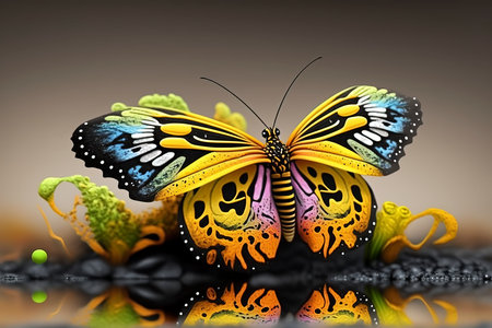 Butterfly on a colorful background. 3D illustration. Copy space.の素材