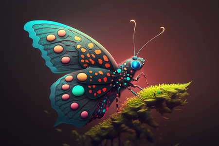 Butterfly on a green plant. 3d render illustration.の素材