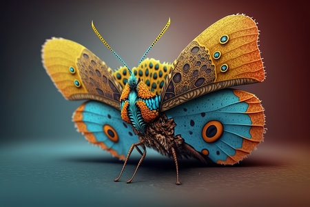 3d illustration of a butterfly with a beautiful blue and orange wingsの素材