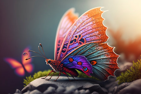 Butterfly in the garden. 3d rendering. Computer digital drawing.の素材