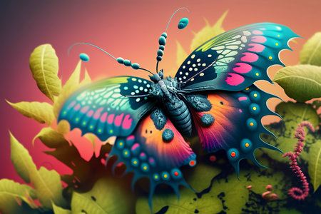 3D rendering of a butterfly with colorful wings on a colorful backgroundの素材