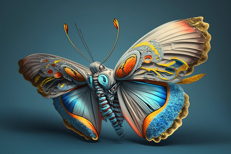 3D render of a butterfly on a blue background with colorful patternsの素材
