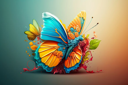 Colorful butterfly with colorful splashes on colorful background. Vector illustration.の素材