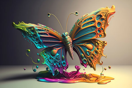 Butterfly with colorful paint splashes. 3D illustration.の素材