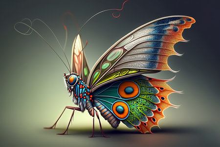 Colorful butterfly on a dark background. 3d render illustration.の素材