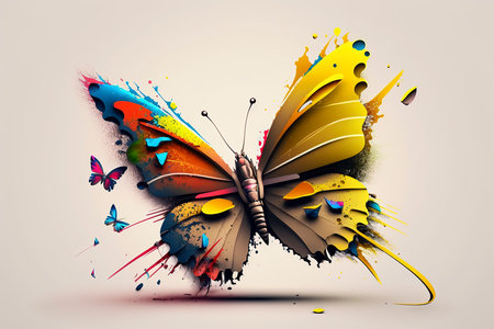Colorful butterfly with grunge splashes on light background. 3D renderingの素材