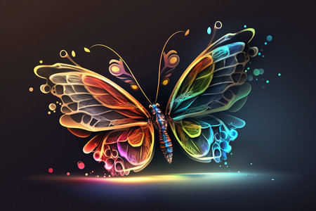 Butterfly with abstract colorful wings on dark background. Vector illustration.の素材