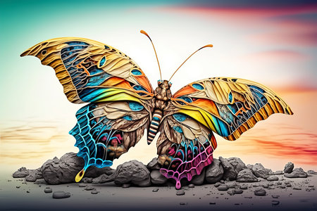 Butterfly in surreal surreal landscape. 3D rendering illustration.の素材