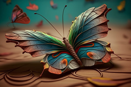 Beautiful butterfly on a wooden background. 3D rendering. Computer digital drawing.の素材