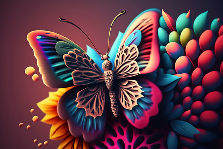 3d illustration of abstract colorful background with butterfly and floral elements.の素材