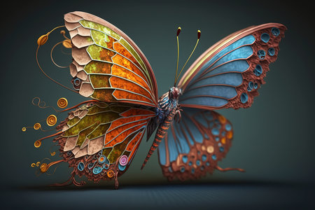 Colorful butterfly with abstract patterns on a dark background. 3d renderの素材