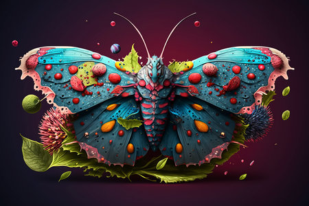 Butterfly with flowers and berries on a dark background. Vector illustration.の素材