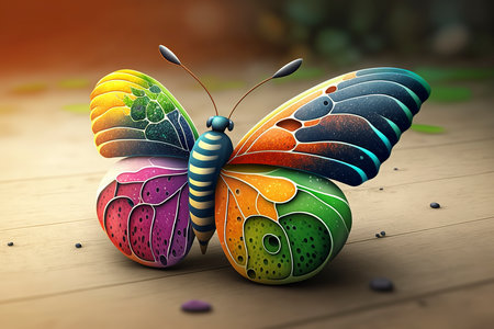Butterfly made of colorful paper on wooden background. 3d illustrationの素材