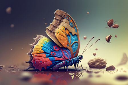 Butterfly on colorful background. 3D illustration. Vintage style.の素材