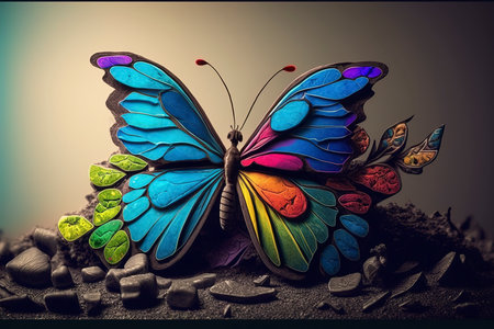 Butterfly made of multicolored glass on gray background.の素材