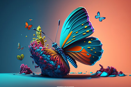 3d render, abstract colorful background with butterfly, 3d illustrationの素材