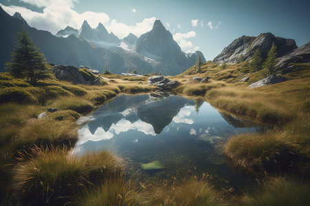 Mountain landscape with lake and reflection in it. Dolomites, Italyの素材