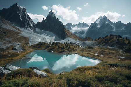 Beautiful panoramic view of the mountains and the lake.の素材