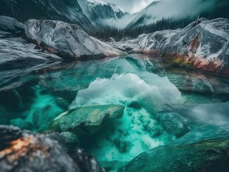 Beautiful mountain lake with turquoise water and reflection in itの素材