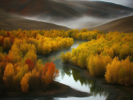 Foggy autumn landscape with colorful forest and river. 3d renderの素材