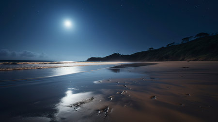 Moonlight over the beach at low tide with sand dunes in foregroundの素材