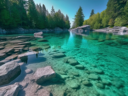 Beautiful mountain river with clear turquoise water and rocks.の素材