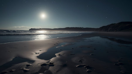 Moonlight over the Atlantic Ocean in Long Beach, New Zealand.の素材