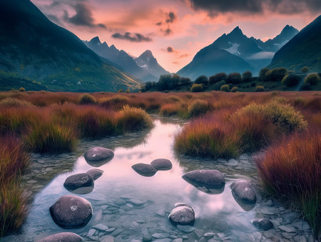 Beautiful mountain landscape with river and snowcapped peaks at sunsetの素材