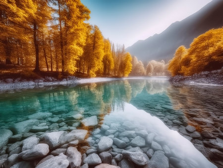 Beautiful autumn landscape with the mountain river and forest in the backgroundの素材