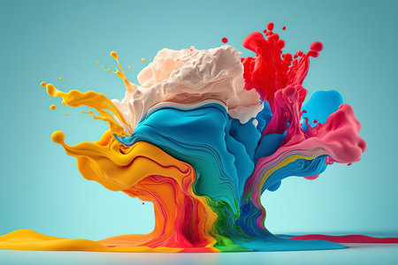 3d rendering of multicolored paint splashes isolated on blue backgroundの素材