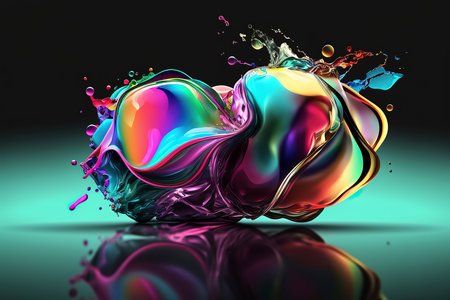 3d illustration of colorful liquid splash isolated on black background with reflectionの素材