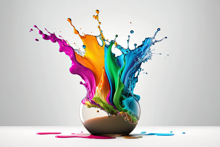 Colorful paint splashing out of a glass vase. 3d renderingの素材