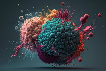 3d rendering of abstract spheres in color splash isolated on gray backgroundの素材