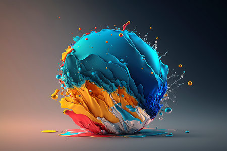 3d rendering of abstract sphere with colorful splashes isolated on dark backgroundの素材