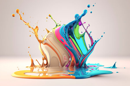 3d render of colorful paint splashing on a white background.の素材