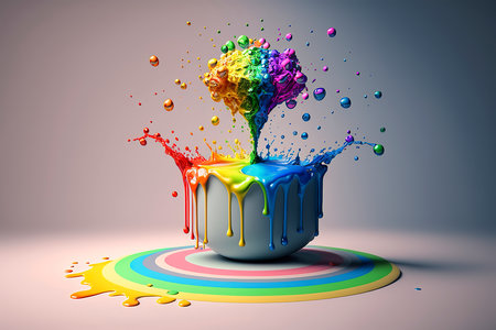3d render of colorful paint splashing out of a cake.の素材