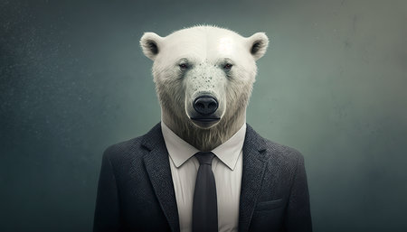 Polar bear head in suit and tie concept on grunge backgroundの素材