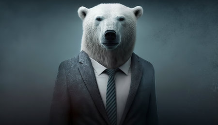 Portrait of a polar bear in a suit and tie on a dark backgroundの素材