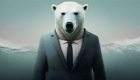 Businessman with a polar bear head on a background of stormy seaの素材