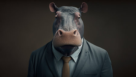Head of a black hippo wearing a suit and tie on dark backgroundの素材
