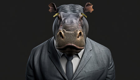 Hippopotamus in a business suit on a dark background.の素材