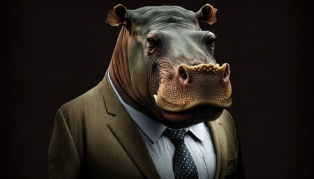 Hippopotamus in a business suit on a dark background.の素材