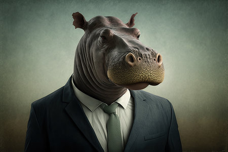 Hippopotamus head in suit and tie on grunge backgroundの素材