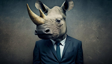 Businessman with rhinoceros head on grunge wall backgroundの素材