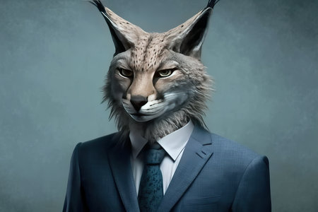 Funny lynx in suit and tie on grey background with copyspaceの素材