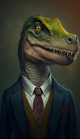 Dinosaur in suit and tie on dark background. 3d illustration.の素材